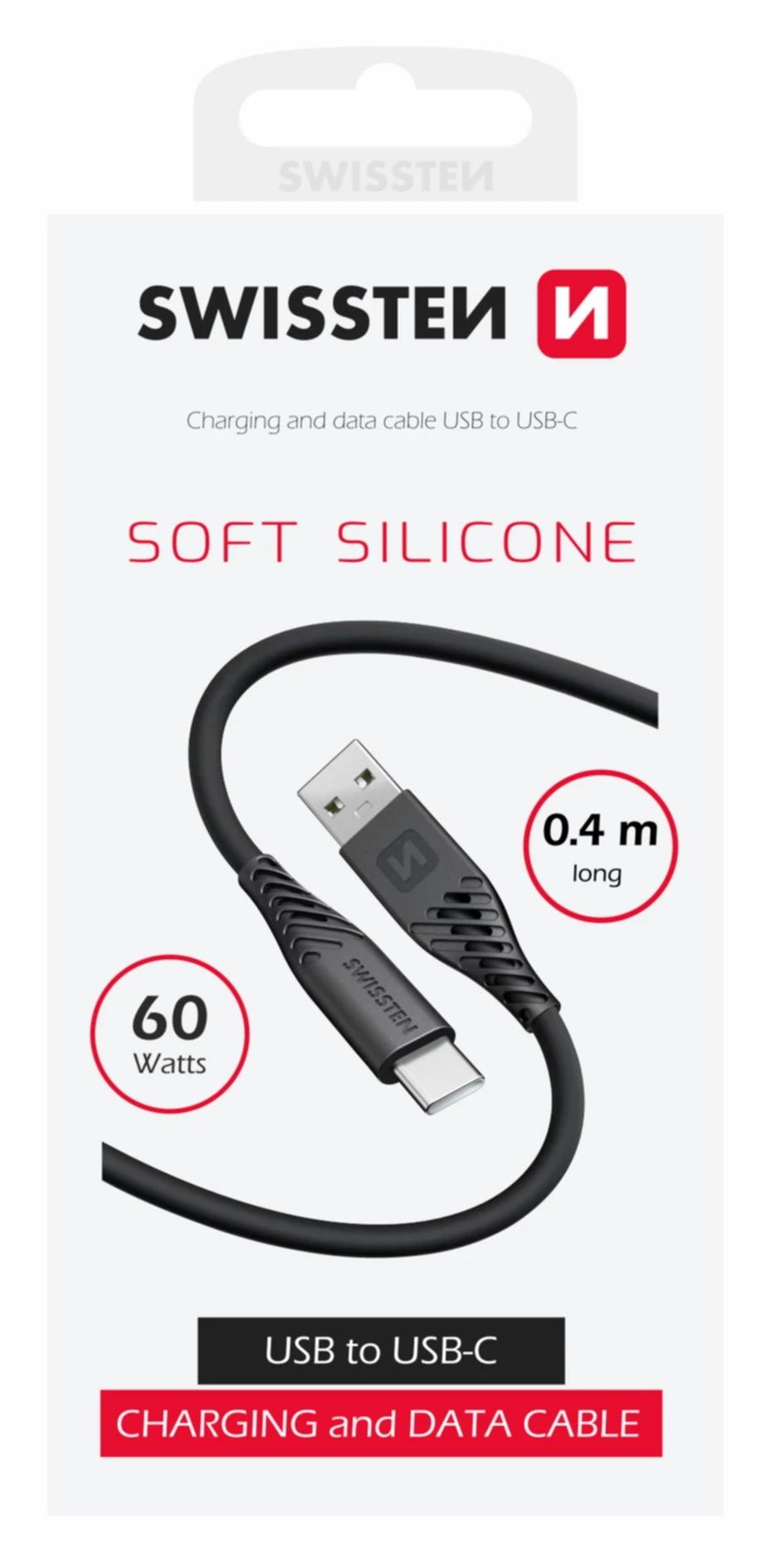 Swissten puha szilikon adat- és töltőkábel, USB/USB-C, 0,4m, 60W, fekete