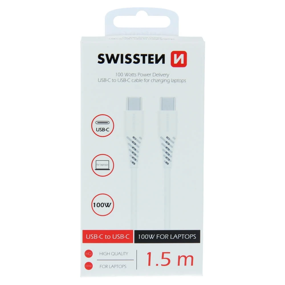 Swissten töltőkábel, TPE, USB-C/USB-C PowerDelivery 5A (100W), 1,5m, fehér