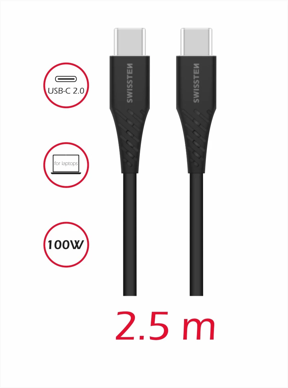 Swissten adat- és töltőkábel, TPE, USB-C/USB-C PowerDelivery 5A (100W), 2,5 m, fekete