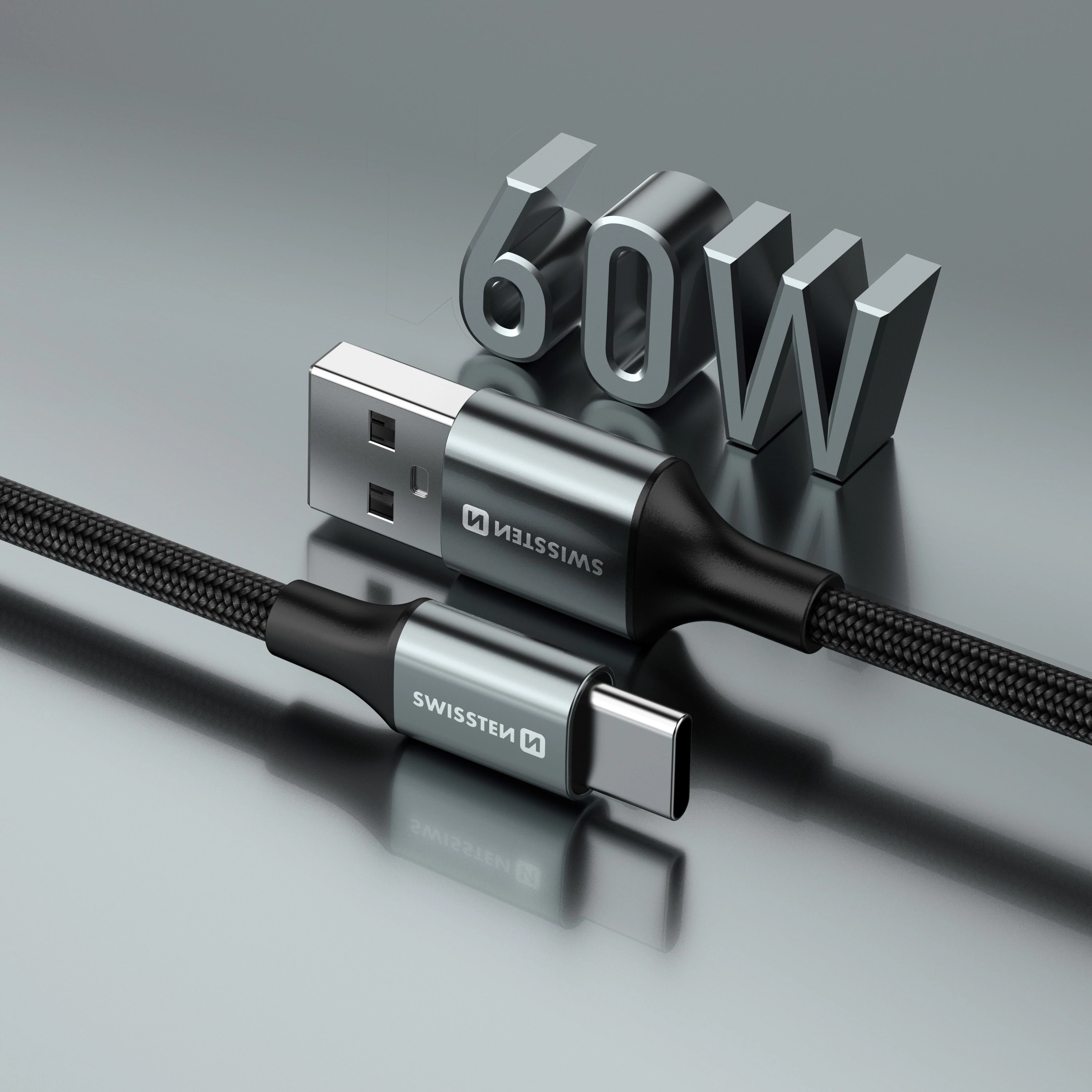 Swissten fonott textil adat- és töltőkábel USB/USB-C, 1,5m, fekete