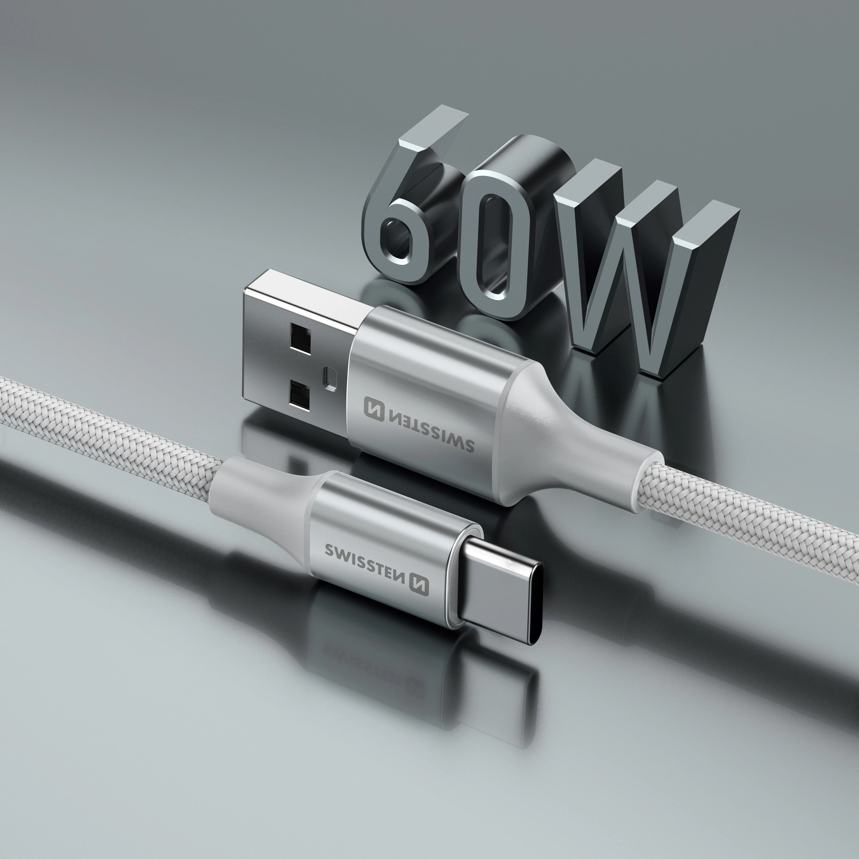 Swissten fonott textil adat- és töltőkábel USB/USB-C, 1,5m, fehér