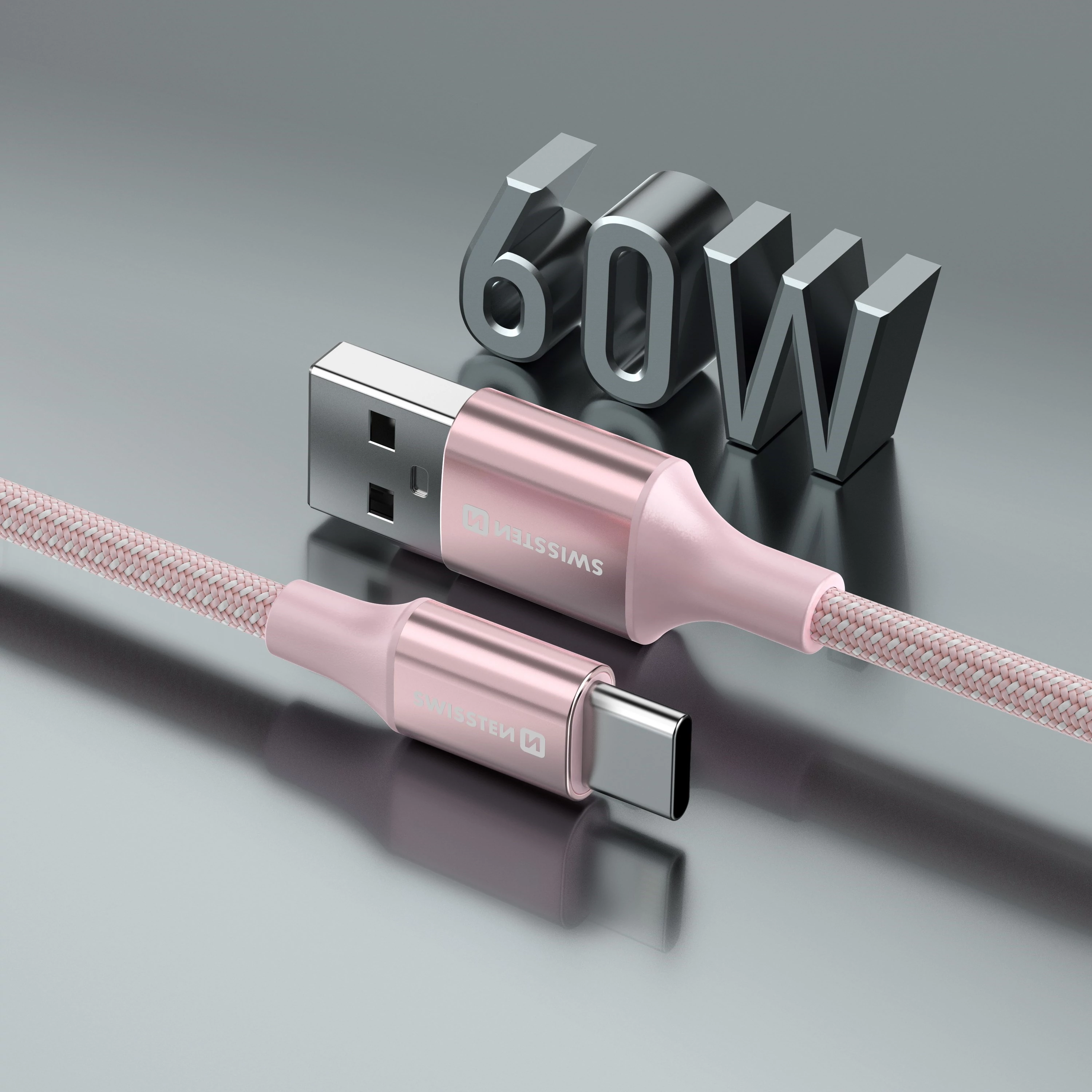 Swissten fonott textil adat- és töltőkábel USB/USB-C, 1,5m, rózsaszín