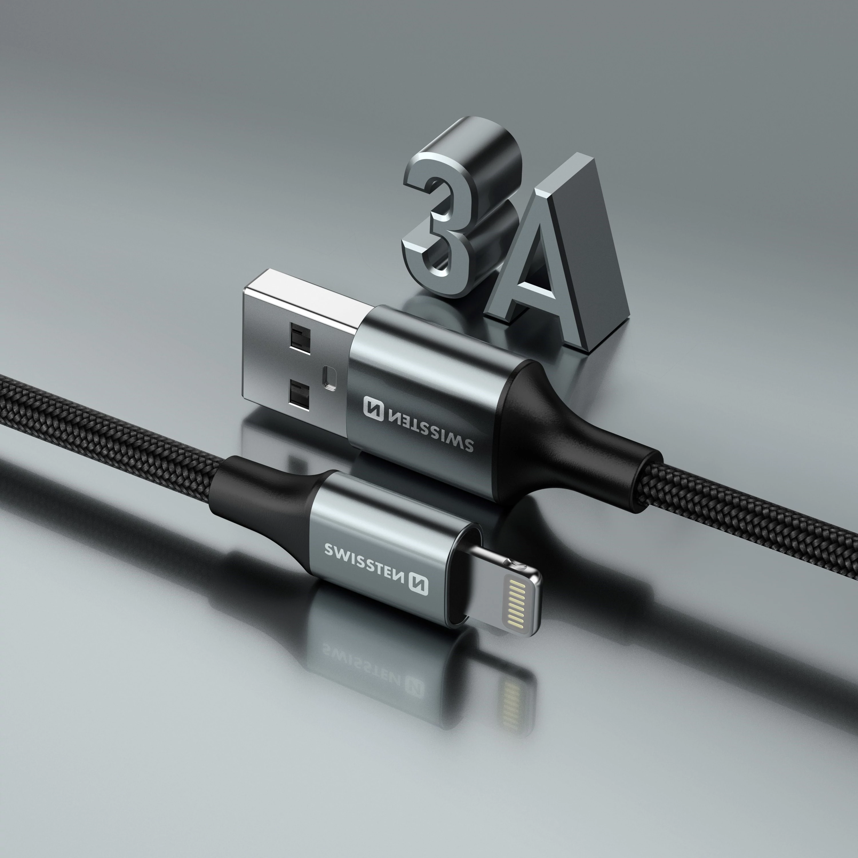 Swissten fonott textil adat- és töltőkábel USB/lightning, 1,5m, fekete