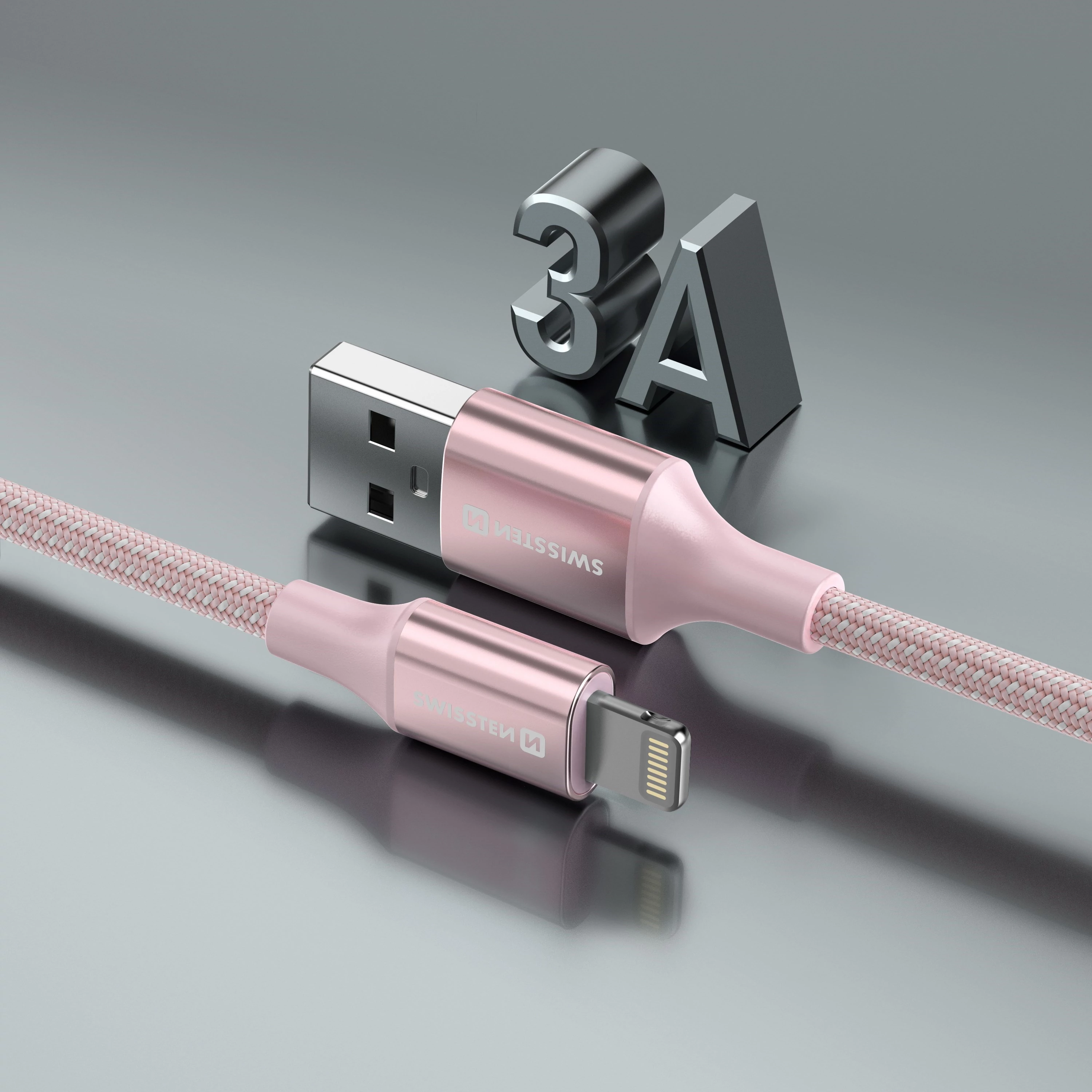 Swissten fonott textil adat- és töltőkábel USB/lightning, 1,5m, rózsaszín