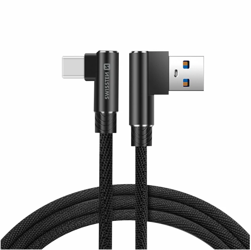 Swissten Arcade gaming adat- és töltőkábel textil bevonattal, USB/USB-C, 1,2 m fekete, L-csatlakozó
