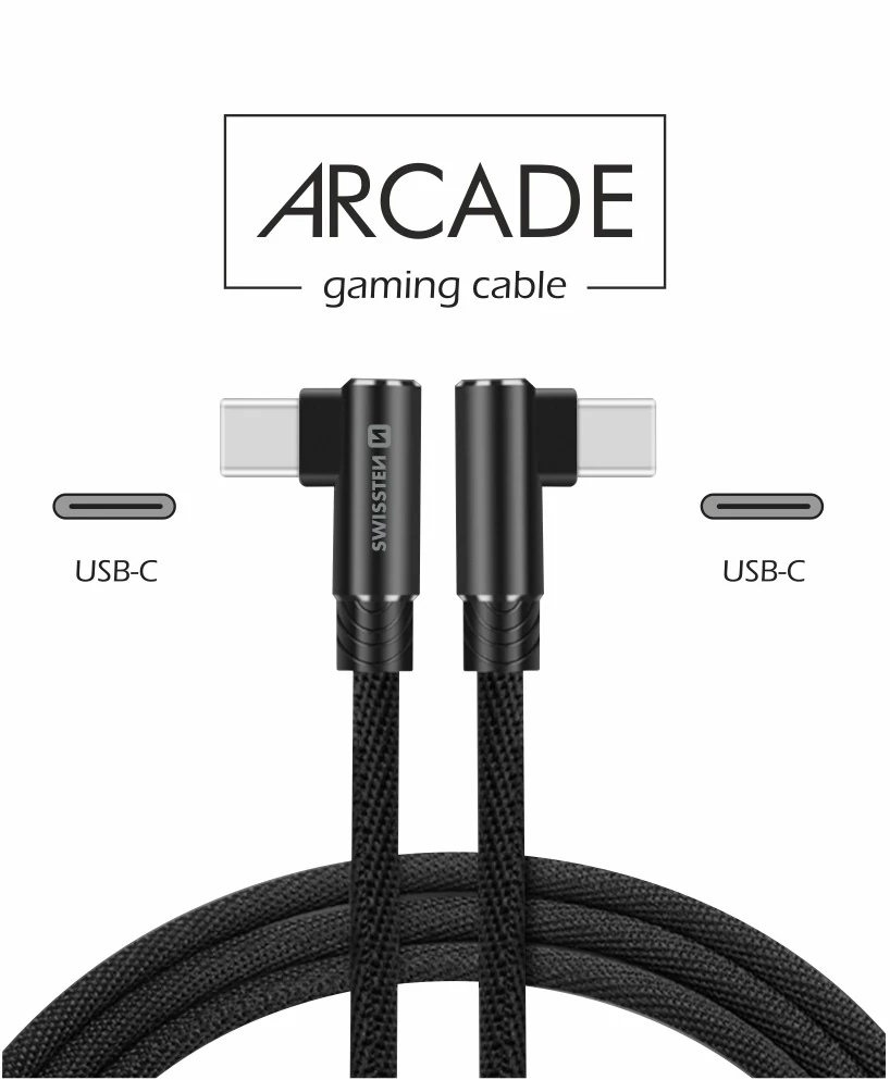 Swissten Arcade gaming adat- és töltőkábel textil bevonattal, USB-C/USB-C, 1,2 m fekete, L-csatlakoz