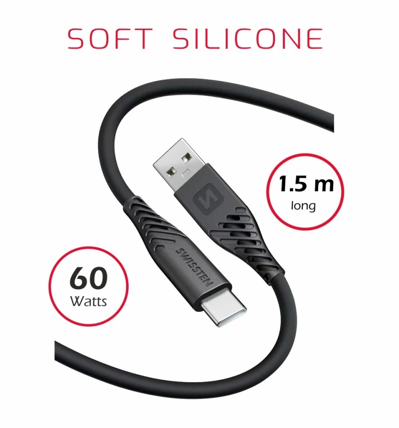 Swissten puha szilikon adat- és töltőkábel, USB/USB-C, 1,5m, 60W, fekete
