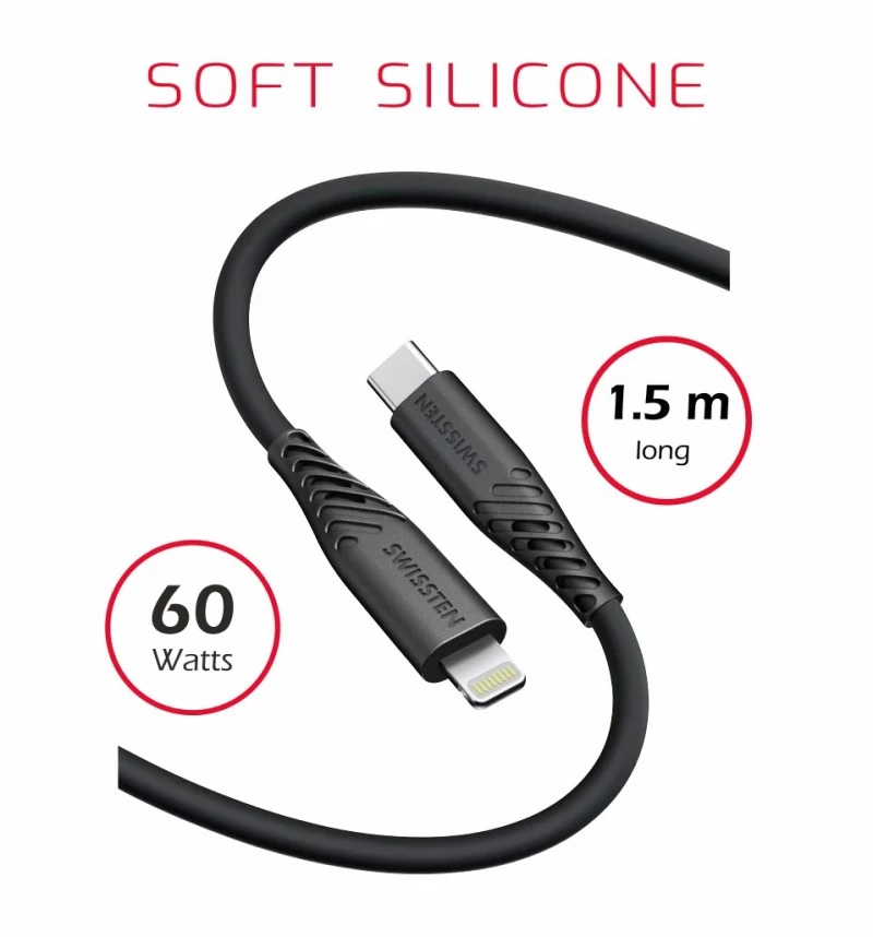 Swissten puha szilikon adat- és töltőkábel, USB-C/lightning, 1,5m, 60W fekete