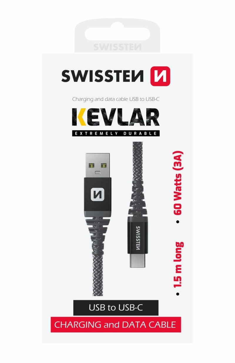 Swissten kevlár adat- és töltőkábel, USB/USB-C, 1,5m, 60W, 3A, antracit