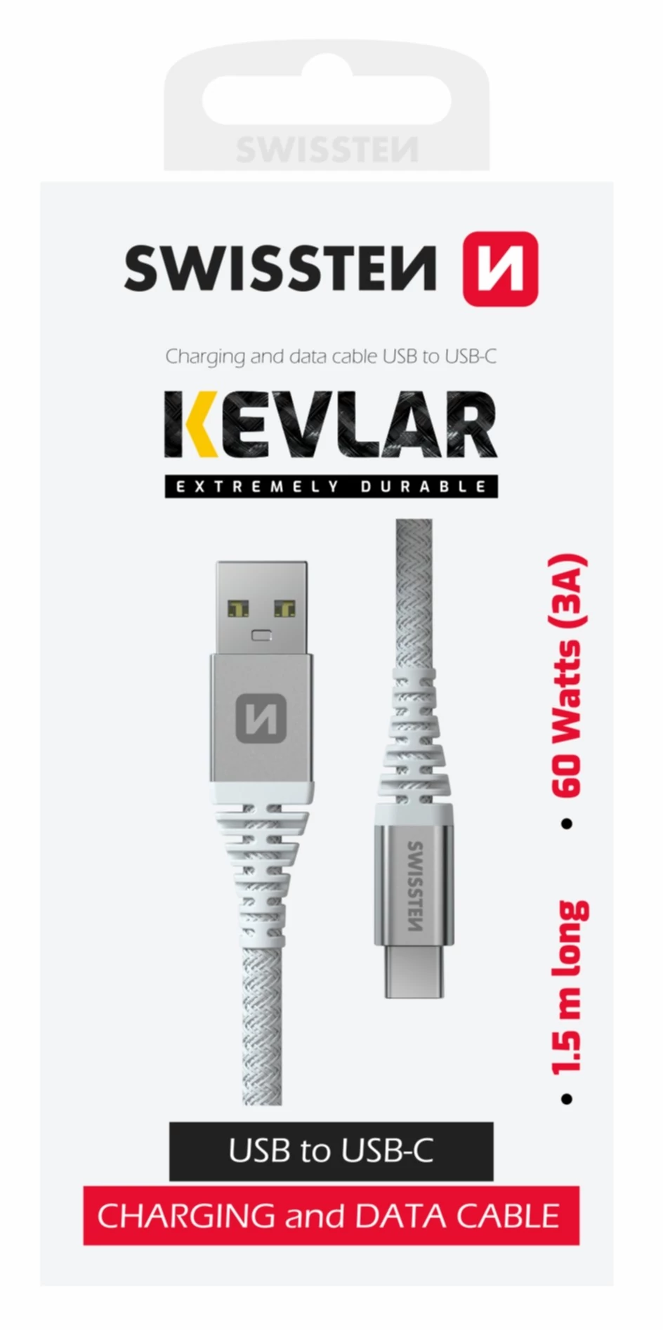 Swissten kevlár adat- és töltőkábel USB/USB-C, 1,5m, fehér