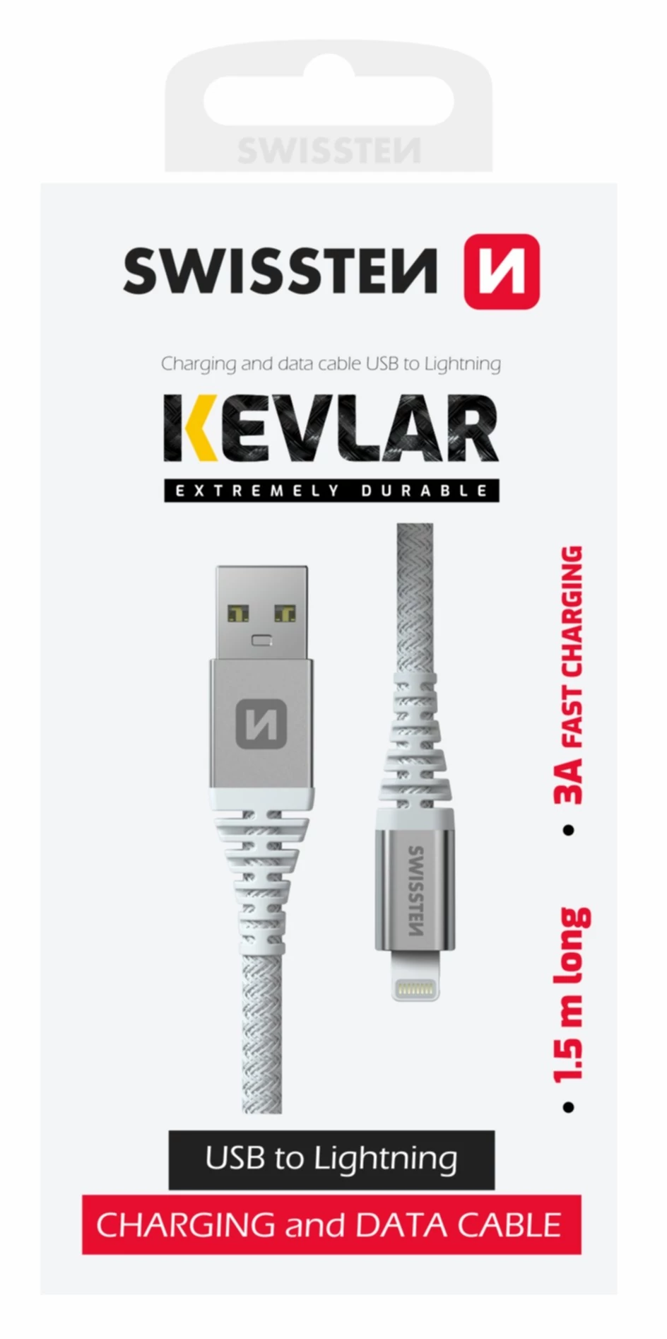 Swissten kevlár adat- és töltőkábel USB/lightning, 1,5m, fehér