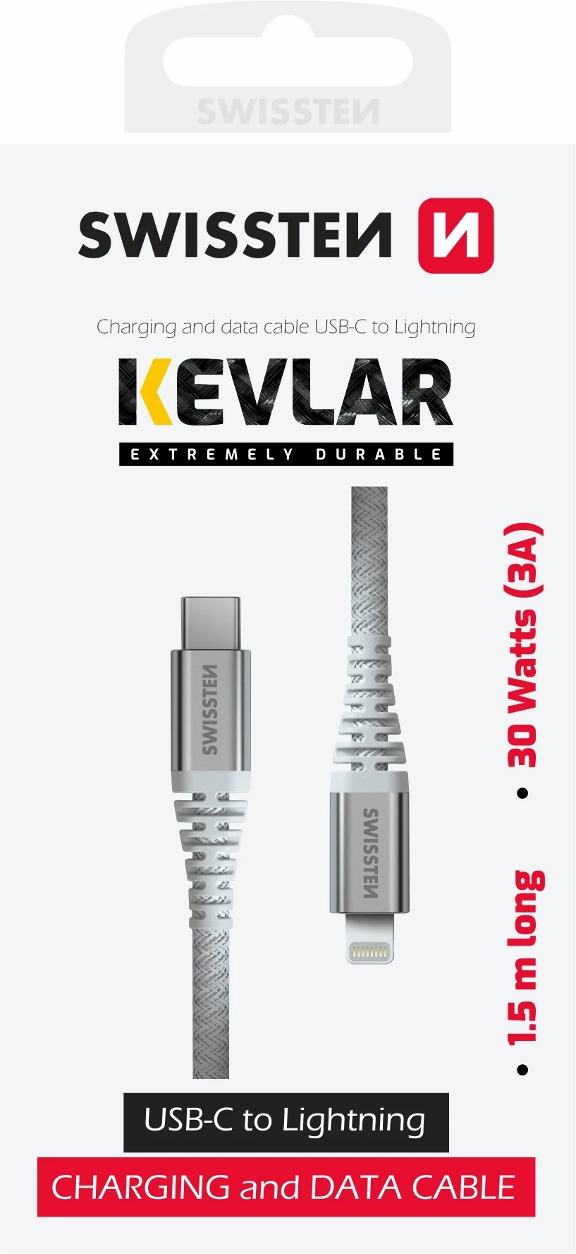 Swissten kevlár adat- és töltőkábel USB-C/lightning, 1,5m, fehér