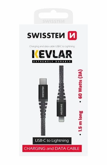 Swissten kevlár adat- és töltőkábel, USB-C/lightning, 1,5m, 60W 3A, antracit