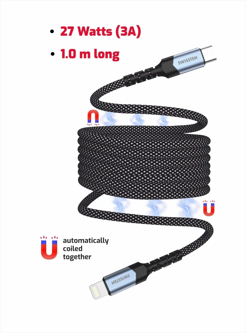 Swissten MagMagic mágneses fonott adat- és töltőkábel, USB-C/lightning, 1 m, 27W (3A