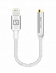 Swissten audio adapter textil bevonattal, lightning to Jack (3,5mm), 15 cm, ezüst