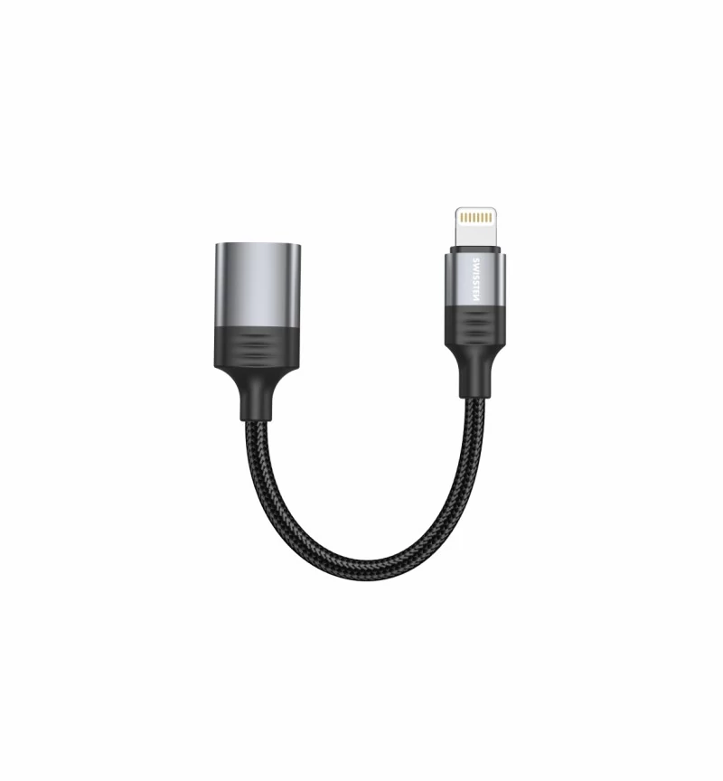 Swissten OTG adapter, textil, lightning (male)/USB-A (female), 0,12m, fekete