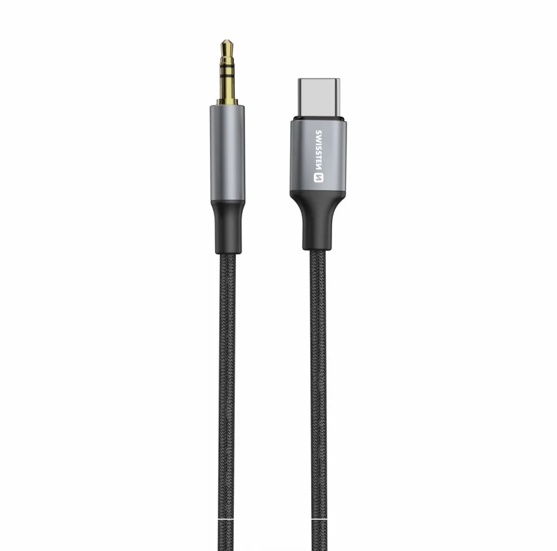 Swissten textil audio adapter, USB-C (male)/3,5mm JACK (male), 1,5m, fekete