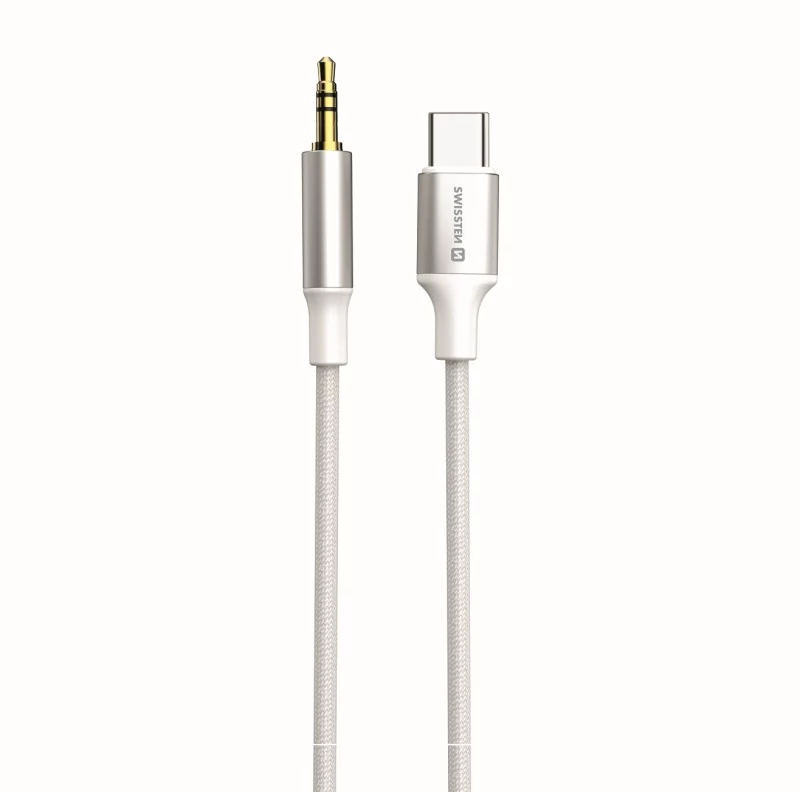 Swissten textil audio adapter, USB-C (male)/3,5mm JACK (male), 1,5m, fehér