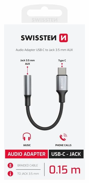 Swissten audio adapter, textil, USB-C to Jack 3,5 mm AUX, 12 cm