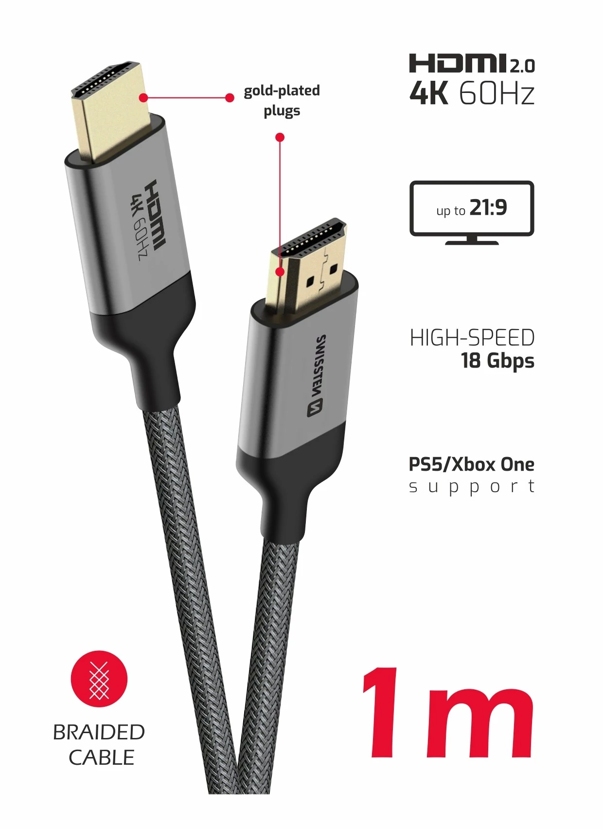 Swissten HDMI kábel, HDMI/HDMI 4K 60Hz, 1m