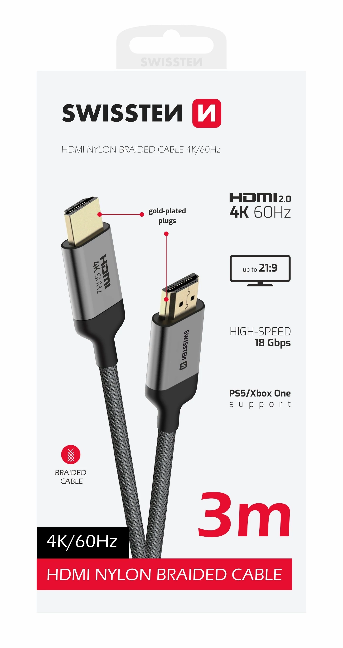 Swissten HDMI kábel, HDMI/HDMI 4K 60Hz, 3m