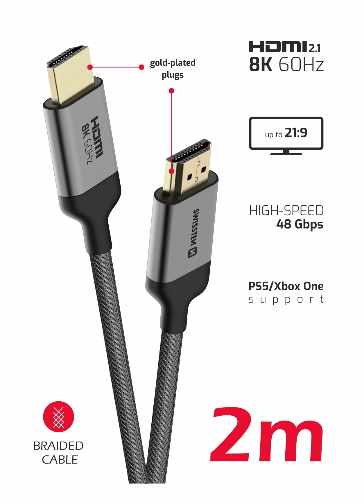 Swissten HDMI kábel, HDMI/HDMI 8K 60Hz, 2m