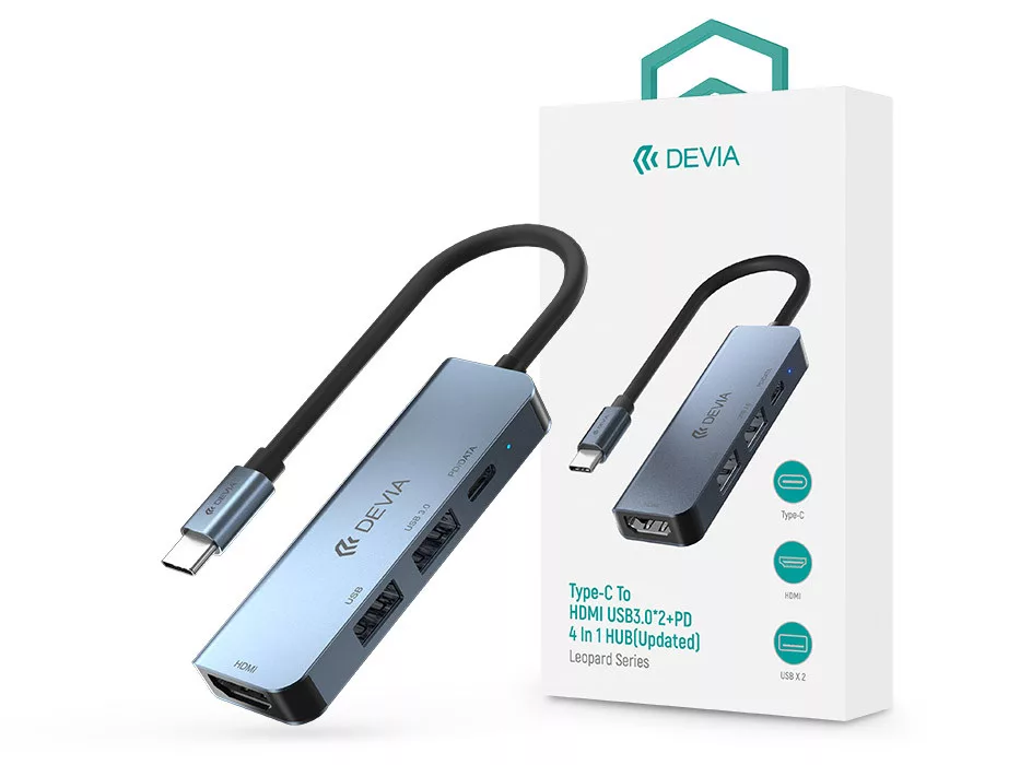 Devia USB Type-C - 2xUSB 3.0 + PD + HDMI elosztó/adapter, szürke
