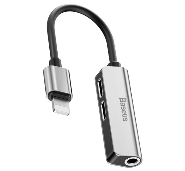 BASEUS audió adapter és töltőkábel (elosztó, 2 lightning+3.5mm jack aljzat - lightning), ezüst