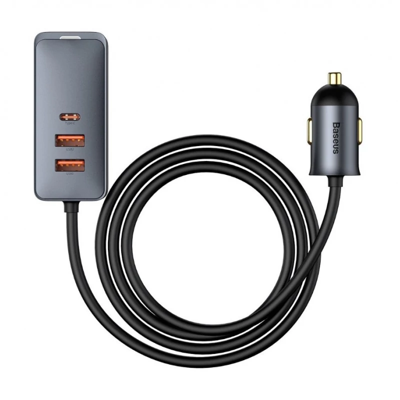 Baseus Share Together autós töltő hosszabbítóval, 3x USB, USB-C, 120W, szürke (CCBT-B0G)