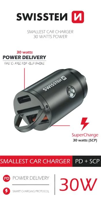 Swissten autós töltő adapter PowerDeliver USB-C + Super Charge 3.0, 30W, nano, ezüst