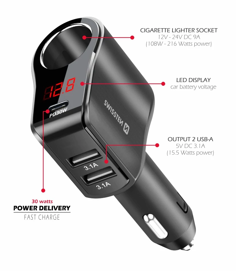 Swissten szivargyújtós autós töltő adapter, 1xCL, 1xUSB-C PD,2xUSB-A, 108W-216W
