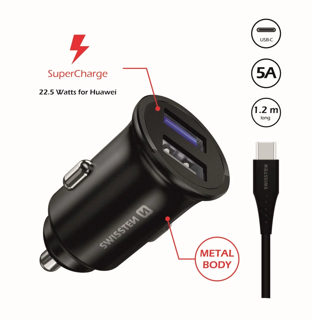 Swissten autós töltő Huawei SuperCharge 22,5W + 1,2 m fekete 5A Huawei SuperCharge kábel