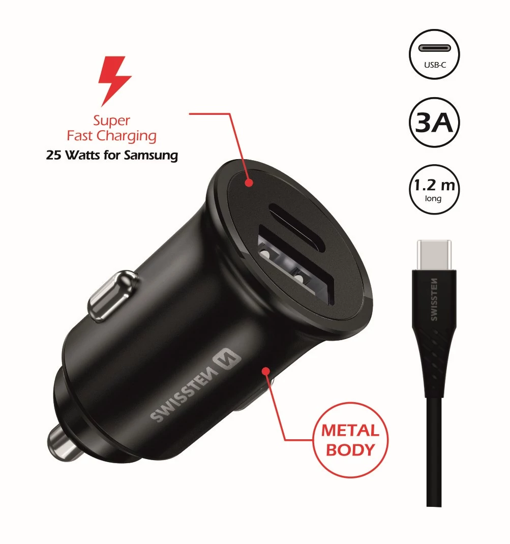 Swissten autós töltő Samsung Super Fast Charging 25W + 1,2 m fekete USB-C/USB-C adatkábel