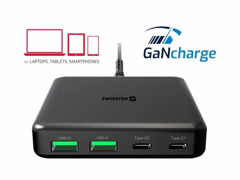 Swissten laptop GaN töltő 2XUSB-C, 2XUSB-A, 65W PD, laptop, tablet, telefon