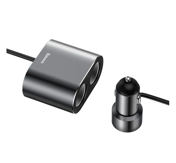 BASEUS szivargyújtó adapter, elosztó (2 szivartöltő aljzat, 5V / 3100mA, 80W, 60cm) FEKETE