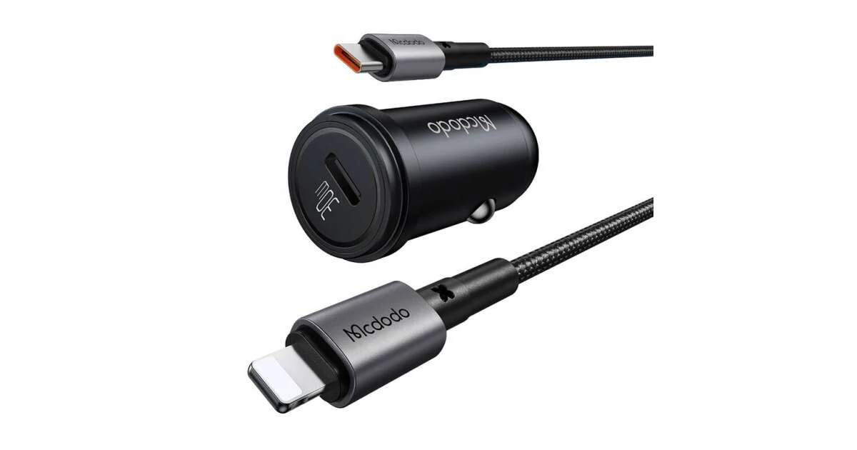 Mcdodo CC-7492 autós töltő, USB-C, 30W + USB-C - Lightning kábel fekete