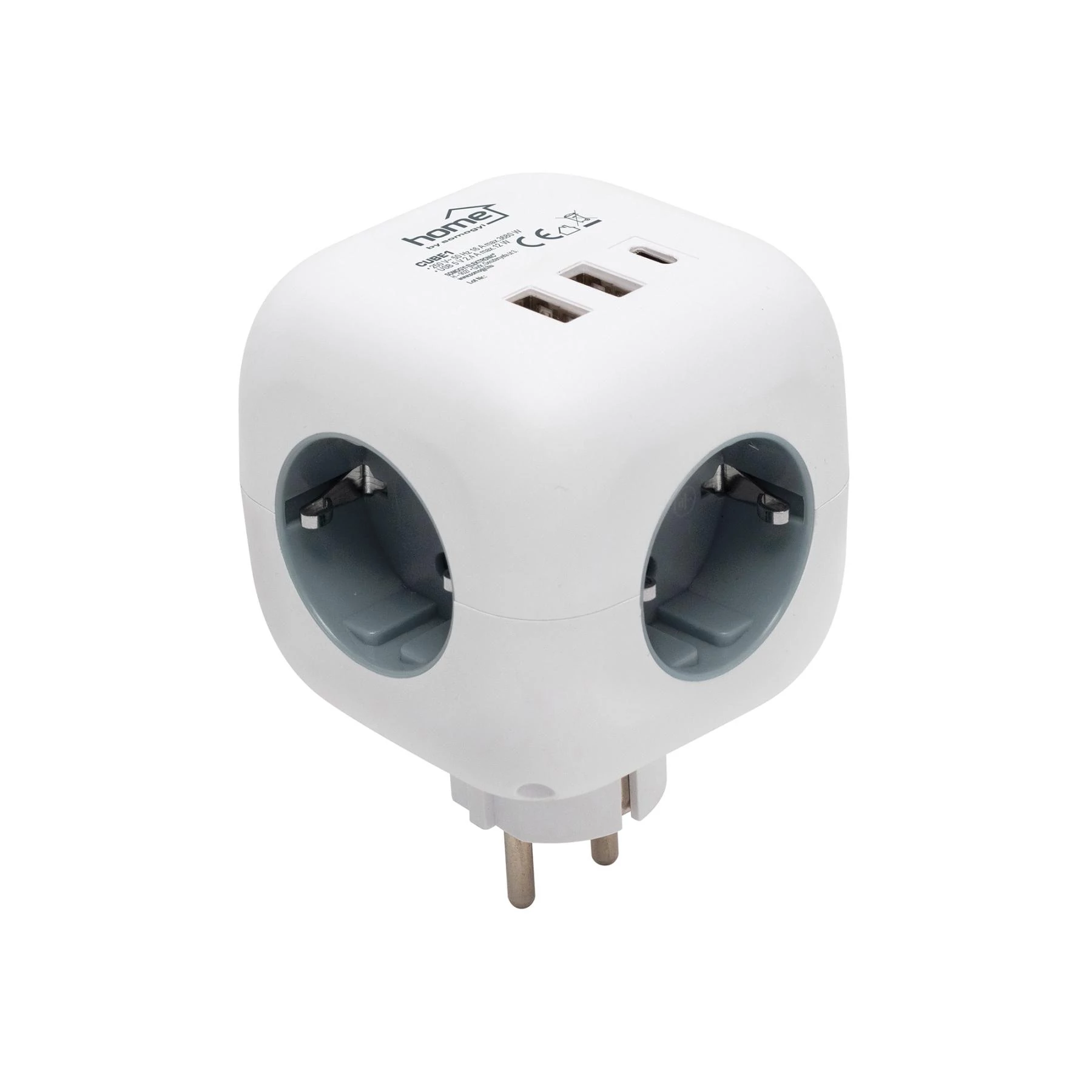 Home CUBE1 kocka elosztó USB töltővel, 3 aljzat gyermekvédelemmel, 1db USB C, 2db USB A, max. 3680 W
