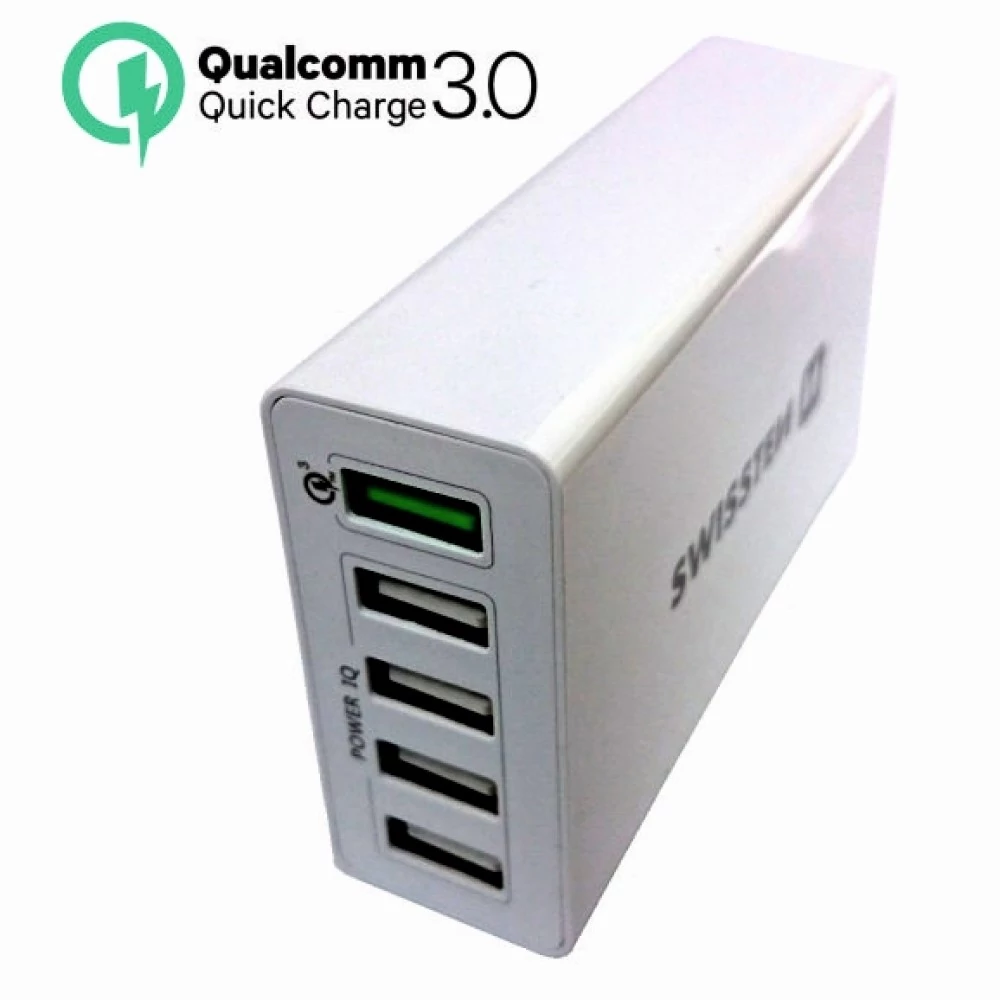 Swissten Qualcomm 3.0 gyorstöltő adapter, Smart IC, 5 USB, 50W, fehér
