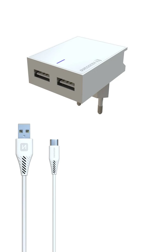 Swissten 2X USB hálózati gyorstöltő adapter, 3A, fehér + MFI lightning kábel