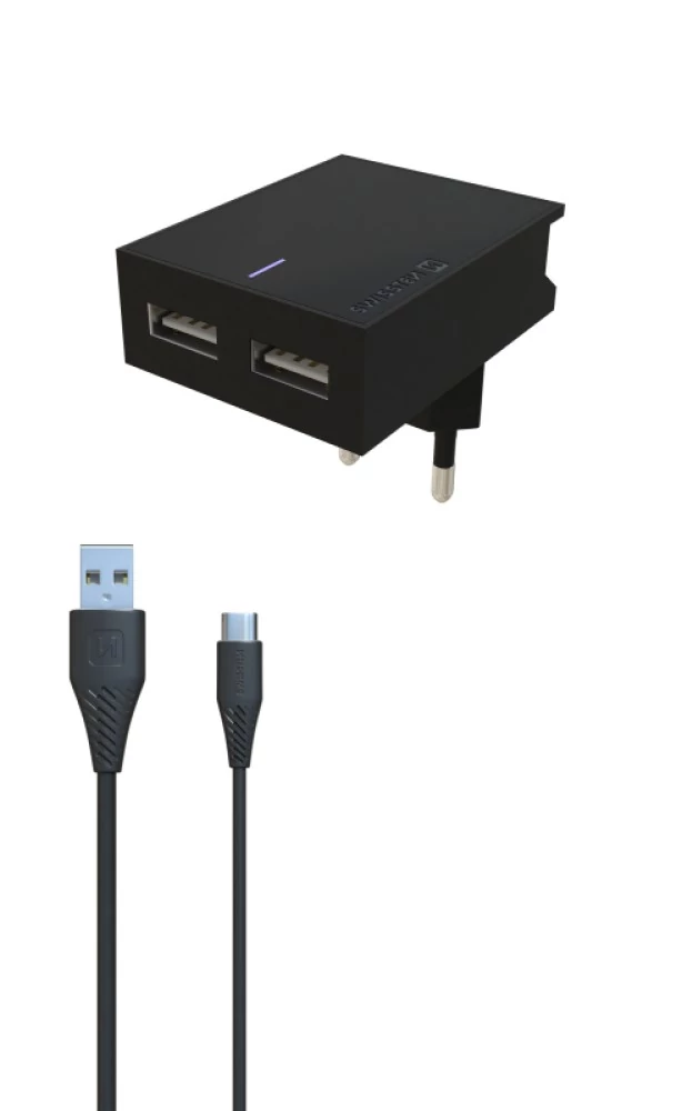 Swissten 2X USB hálózati gyorstöltő adapter, 3A, + fekete MFI lightning kábel