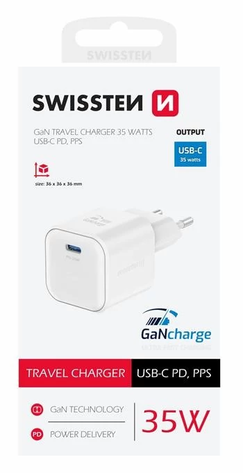 Swissten GaN hálózati töltőadapter 1xUSB-C PD 35W, fehér