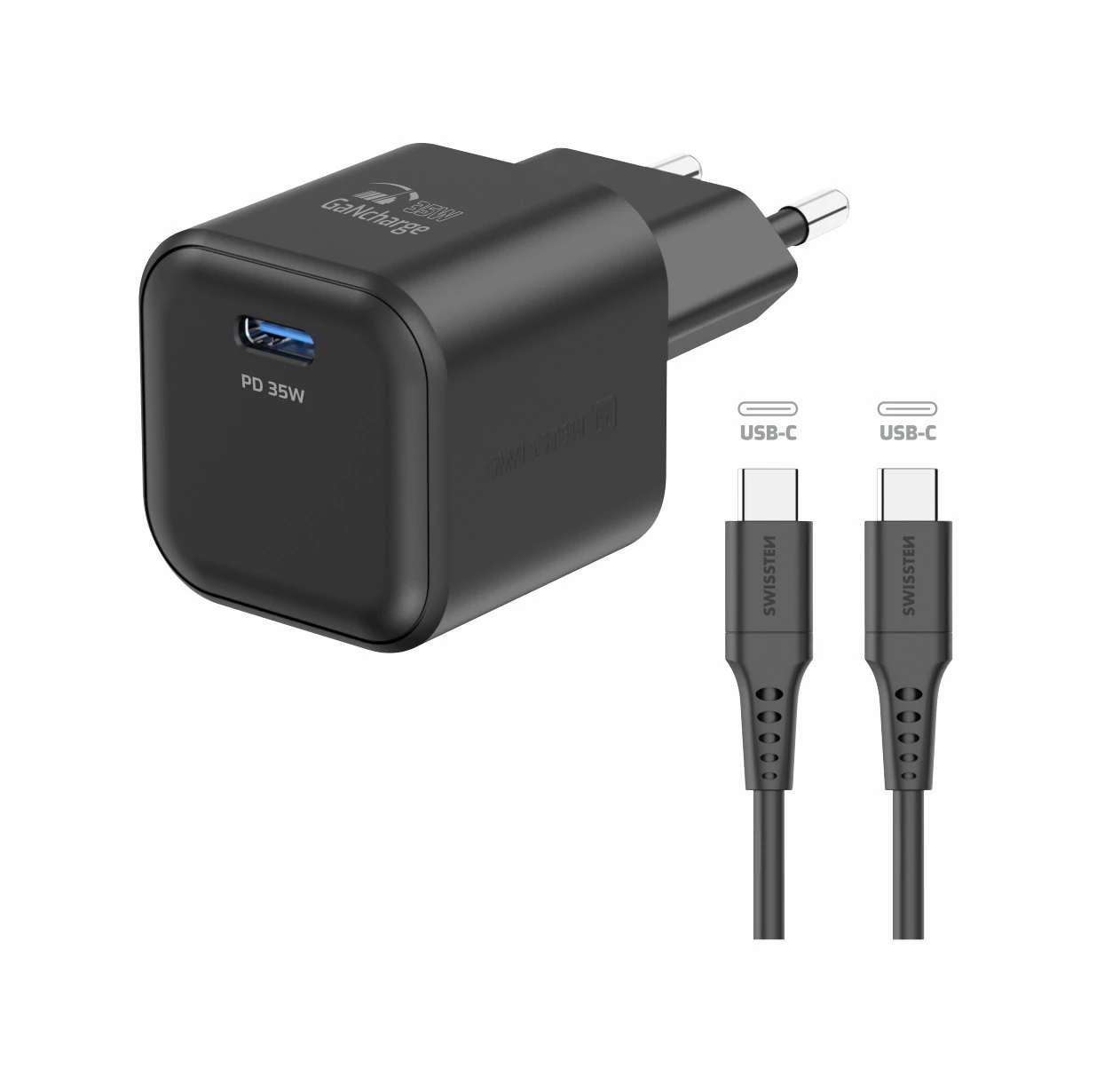 Swissten GaN hálózati töltőadapter 1xUSB-C PD 35W, 1,2m USB-C/USB-C kábel, fekete
