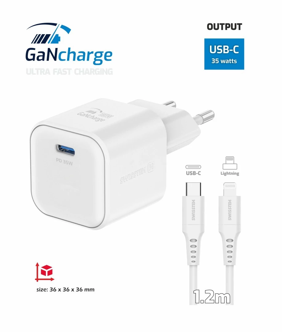 Swissten GaN hálózati töltőadapter 1xUSB-C PD 35W, 1,2m USB-C/lightning kábel, fehér