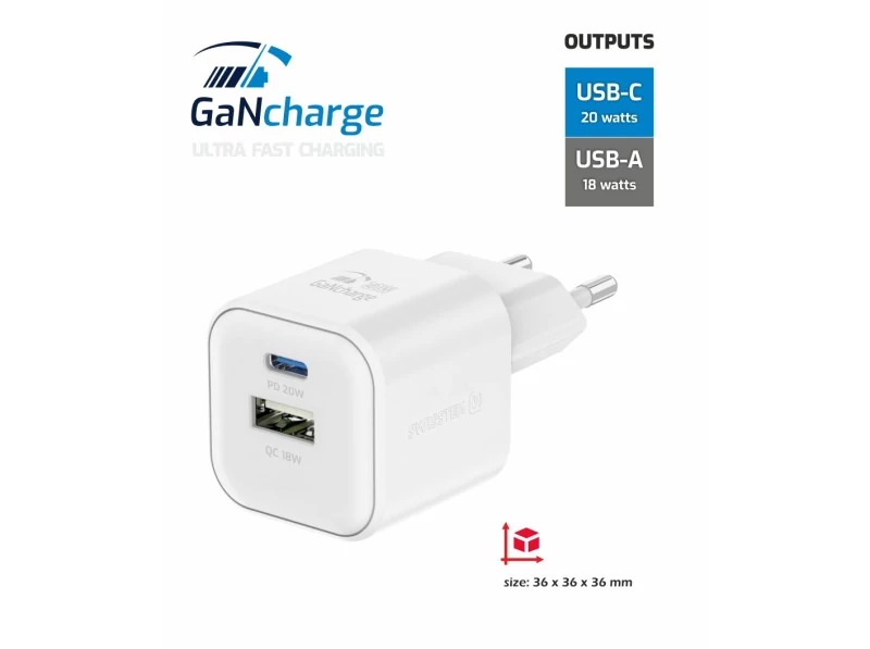 Swissten GaN hálózati töltőadapter 1xUSB-C PD 20W, 1xUSB-A QC 18W, fehér