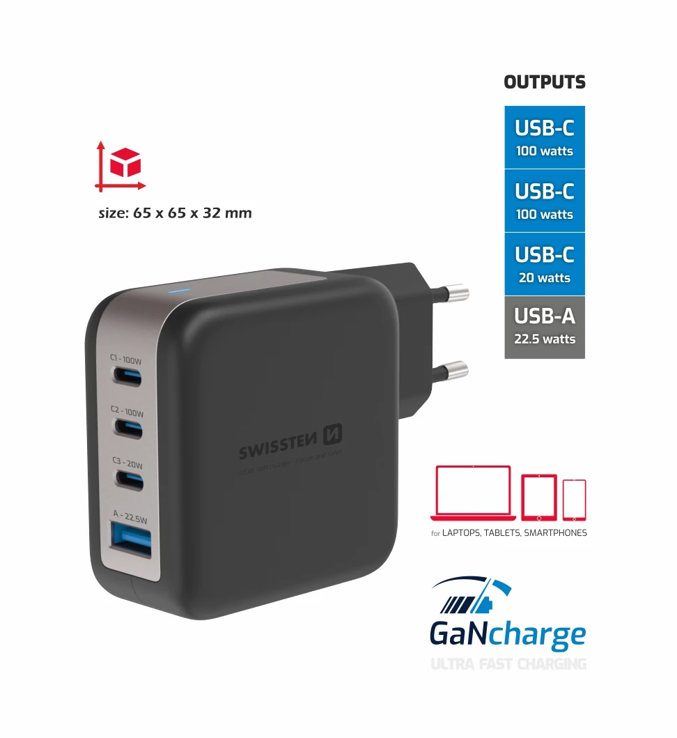 Swissten GaN hálózati töltőadapter 3xUSB-C 100W PD, 1xUSB-A 18W QC, fekete