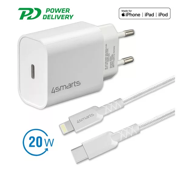 4SMARTS HÁLÓZATI GYORSTÖLTŐ ADAPTER 20W, TYPE-C QC 3.0 + 1.5M LIGHTNING KÁBEL, FEHÉR