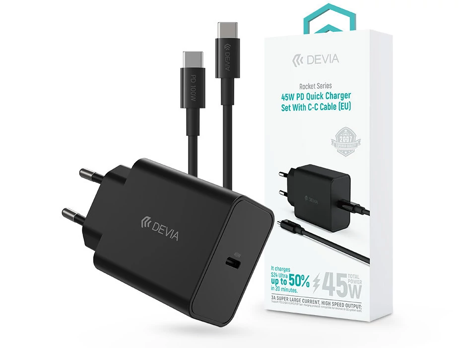 Devia hálózati töltő adapter + USB-C - C kábel  (1,5 méter) 45W (Rocket Series) szett