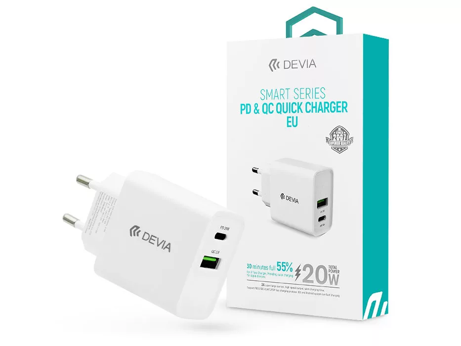 DEVIA HÁLÓZATI TÖLTŐ ADAPTER TYPE-C + USB BEMENETTEL - 20W
