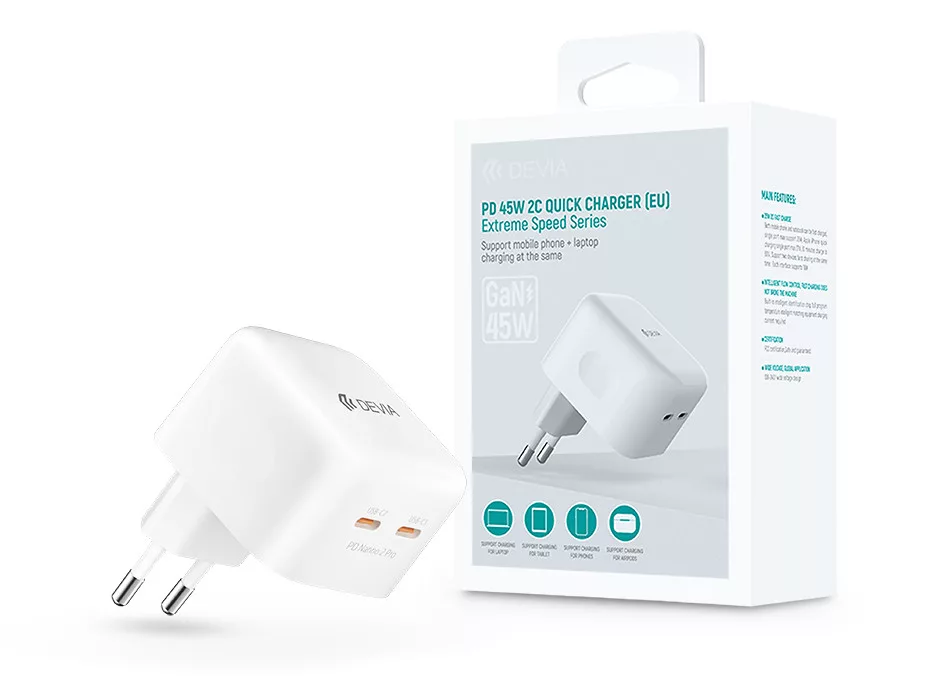 Devia GaN hálózati töltő adapter 2x USB-C  45W