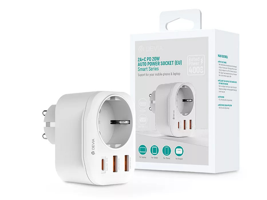 Devia hálózati csatlakozóaljzat(konnektor) + 2xUSB-A + USB-C 20W  (400W,250V-16A)